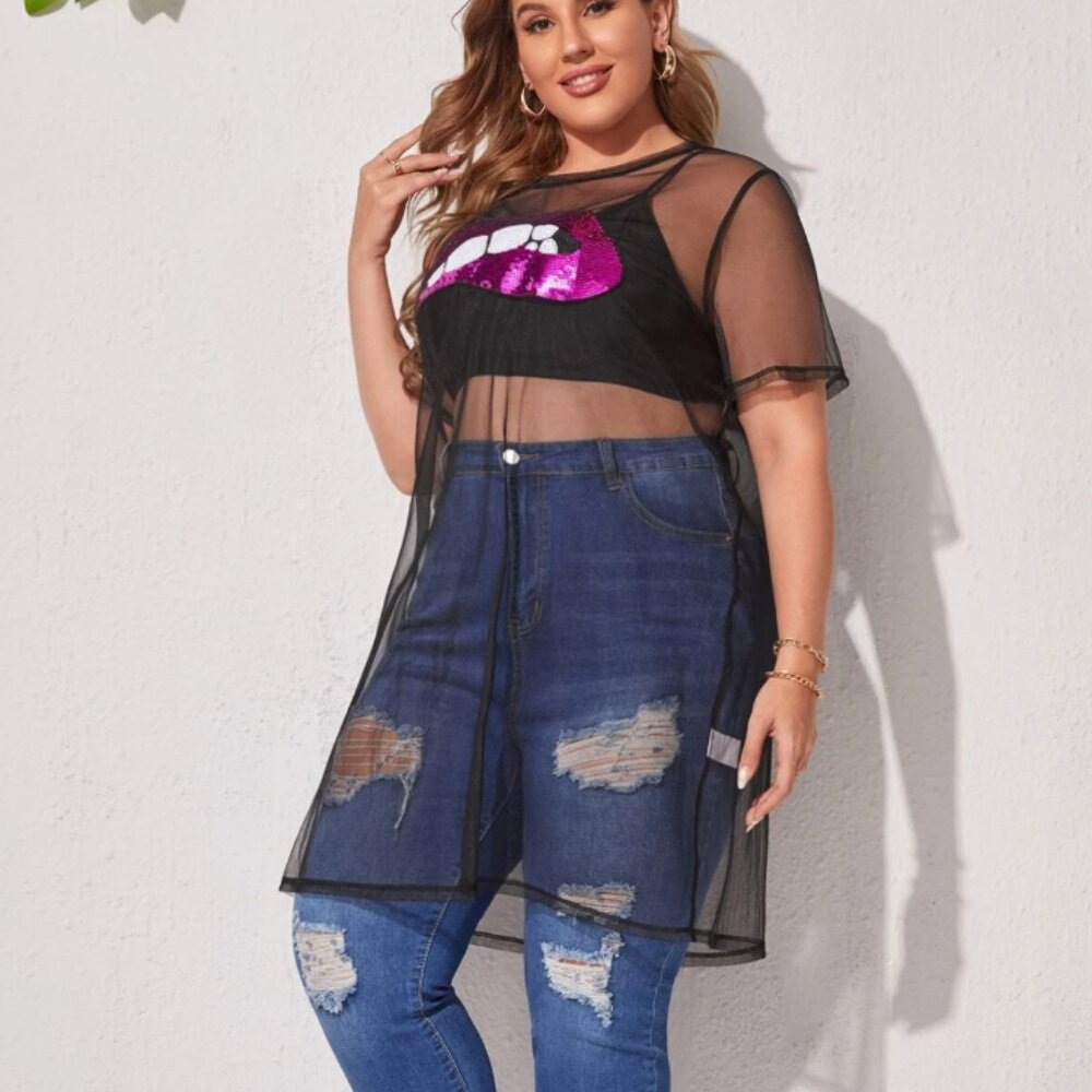 Shein Curve Unity Plus Black Mesh Pink Sequin Tunic Top Sheer 4X - Picture 3 of 11